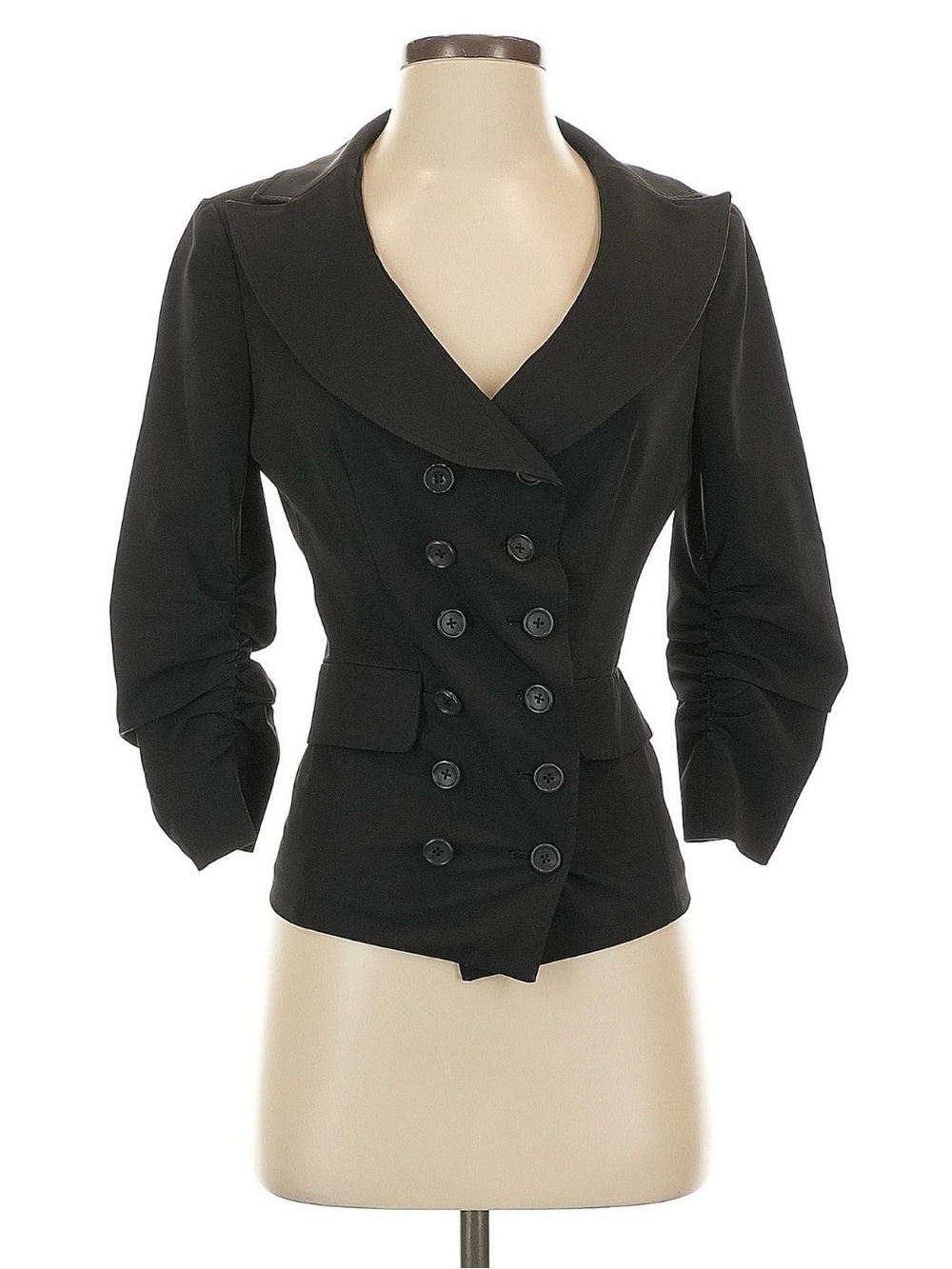 Elizabeth and James Black Double Breasted Ruched Sleeve Blazer